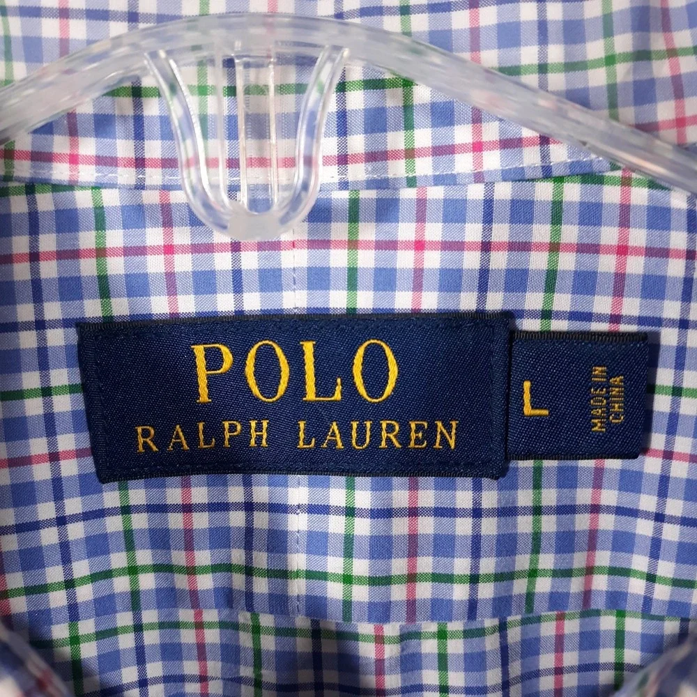 Polo Ralph Lauren Shirt Mens Large Plaid Blue Pony Logo 100% Cotton